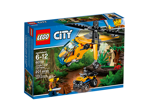 Wsiądź do helikoptera transportowego z serii LEGO® City z obracanymi śmigłami i wyciągarką i wyrusz do dżungli z quadem, świątynią, ukrytym skarbem, figurką pająka i dwiema minifigurkami.